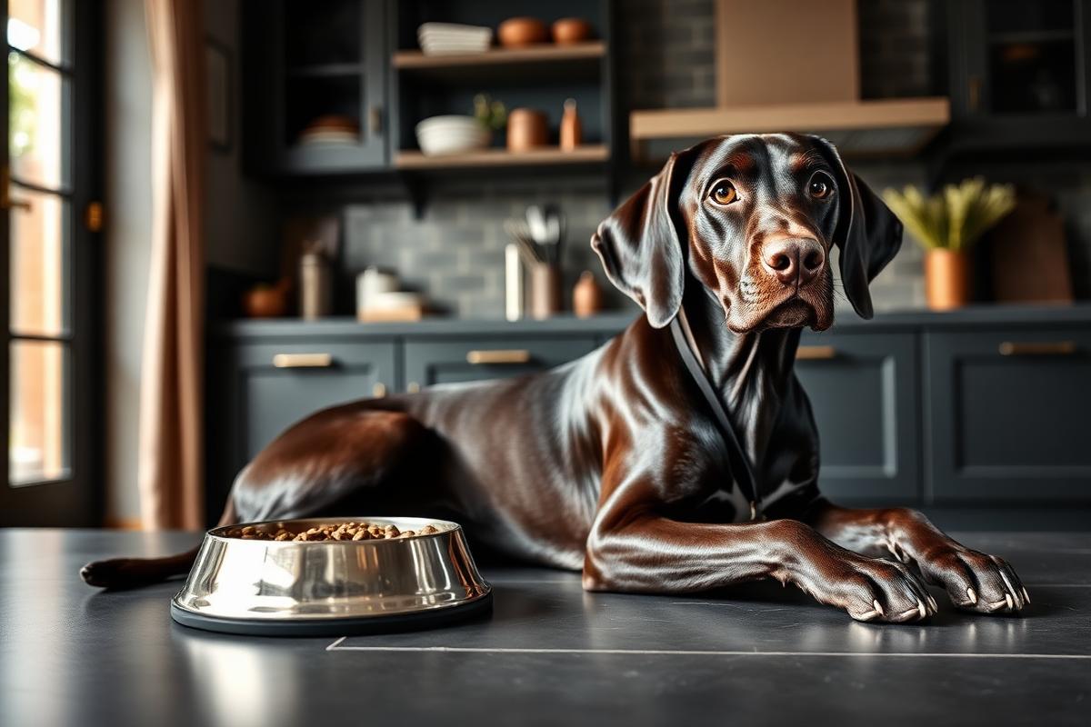 Dieta BARF para Pointer Alemán: ventajas reales, riesgos y cómo empezar — Braco Alemán junto a su plato de alimento balanceado premium