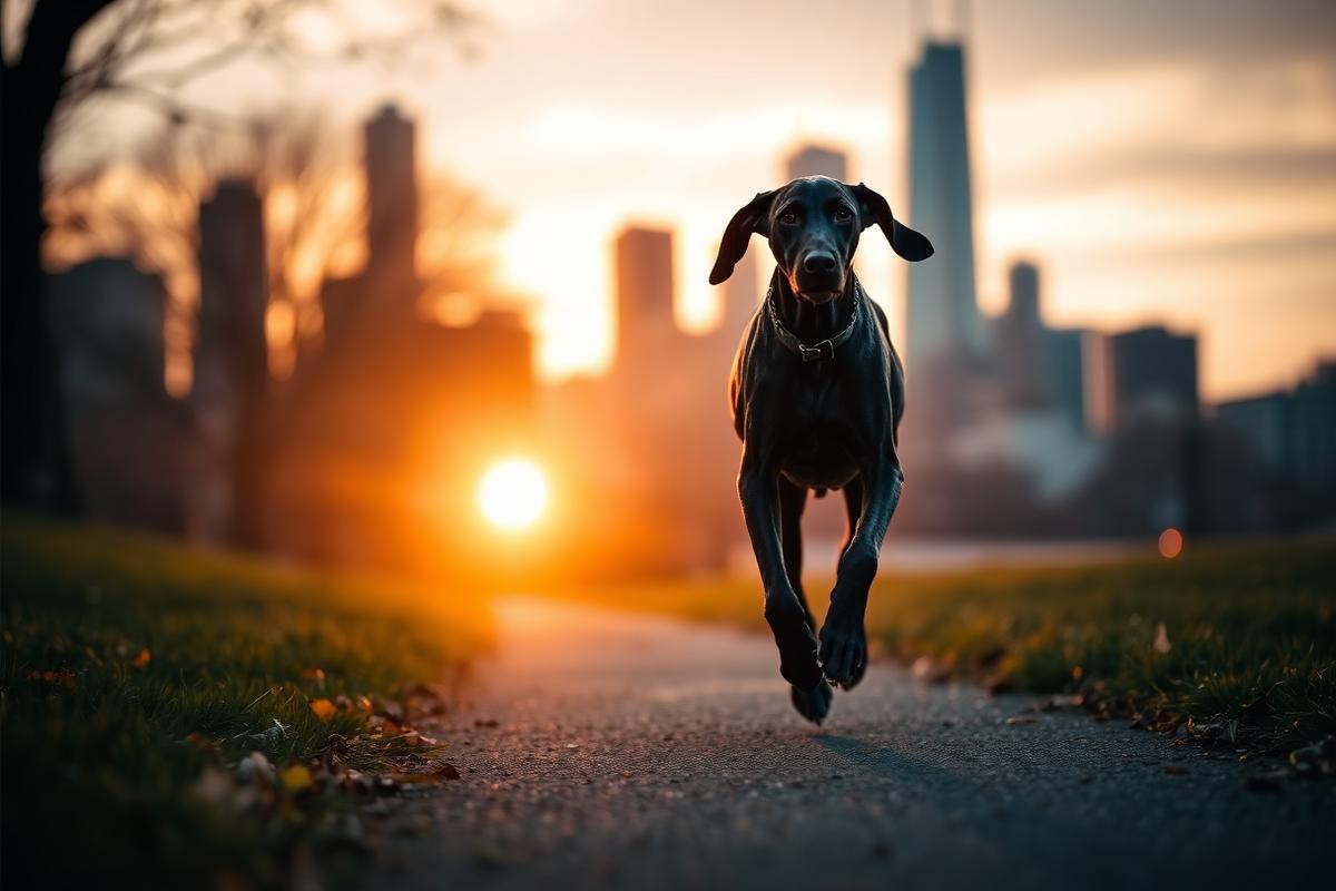Pointer Alemán Hígado Punteado (Ticked) — Pointer Alemán corriendo en un parque urbano al amanecer
